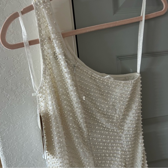 NWT Mac Duggal 93741 Pearl Sequin One Shoulder Asymmetrical White Midi Gown - Picture 8 of 9